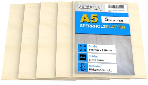 AUPROTEC 5x A5 Sperrholz-Platten Birke 5mm Multiplexplatten (148 mm x 210 mm) Bastel- und Laubsäge-Holzplatten Birke Massiv Multiplex Holz Industriequalität