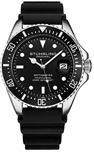 Stuhrling Original Taucheruhr für Herren - Pro Diving Watch - Sportuhren für Herren mit verschraubter Krone wasserdichte Uhr 330 Ft.- Schwarz Analoge Gummiuhr, Quarzuhrwerk (Schwarz)