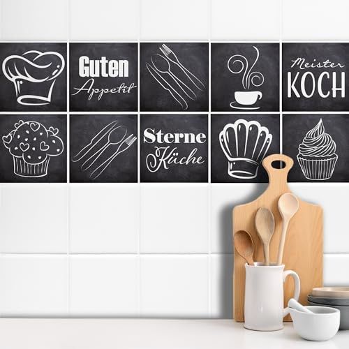 GRAZDesign Fliesenaufkleber Küche Guten Appetit Grau Anthrazit, Klebefliesen Wandfliese - Set 10 Stück