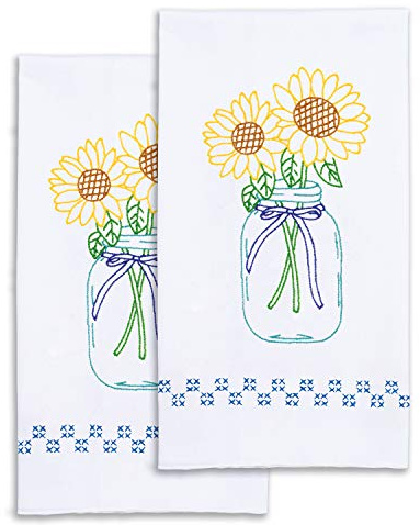 Jack Dempsey Needle Art Sunflowers Embroidery Towels, white