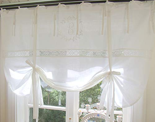 Raff Gardine Emilia Weiß Bestickt 80x120 cm BxL(H) Spitze Raffrollo Scheibengardine Bandaufhängung Leinenoptik Shabby Vintage Landhaus