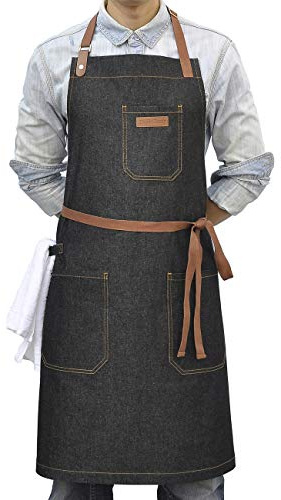 DingSay Trendy Denim Chef Apron with Pockets, Mens Womens Professional Kitchen Bib Black Apron for Cooking Grill BBQ Server, with Towel Loop and Adjustable Neck Straps