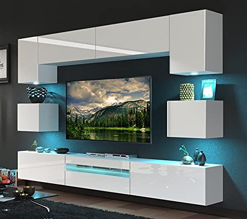 Furnitech Wohnwand Wohnzimmer - Wohnzimmer Möbel mit LED Weiß - Hängend Wohnwand Modern - Wohnzimmer Schrankwand mit Regale und TV Schrank (Besta GAN1-17W-HG21 1B)