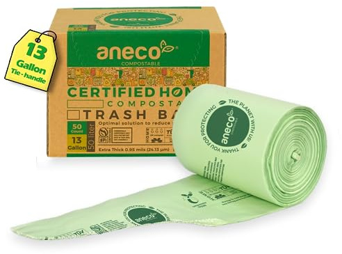 ANECO Compostable Food Waste Bags 13 Gallon, 50 Count, Extra Thick Kitchen Compost Bags With Handles, Large Compostable Bags for Tall Kitchen Bin