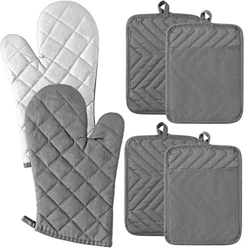 GROBRO7 6Pcs Cotton Oven Mitts and Pot Holders Set Durable Hot Pads Machine Washable BBQ Gloves Heat Resistant Pocket Pot Holder with Hanging Loop for Safe Kitchen Baking Cooking Grilling Grey