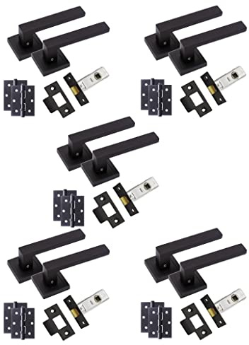 Golden Grace Delta Door Handles, Hinges & Latch Matte Black 5 Pairs | Includes screws and fittings for easy setup on square rose mounts, using metal build and smooth ball bearing pivots.