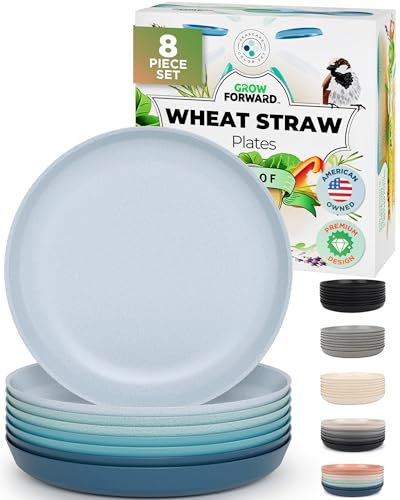 Grow Forward Premium Wheat Straw Plates - 10 Inch Reusable Hard Plastic Dinner Plates Set of 8 - Unbreakable Microwave Safe Plates for Dessert, Camping, RV, Outdoors, Patio, Kitchen Dishes - Seascape