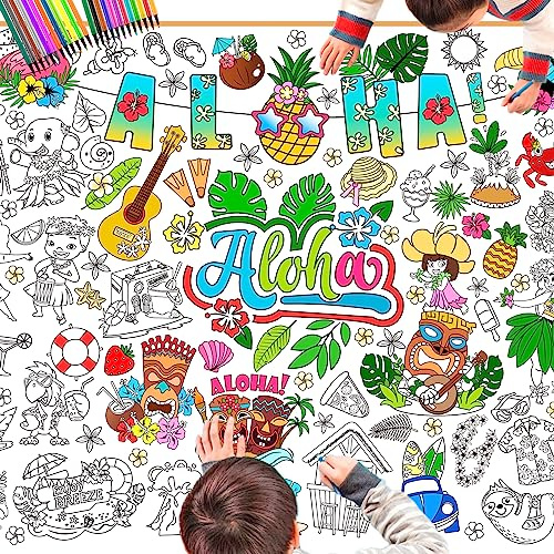 DPKOW Aloha Hawaii Ausmal Tischdecke für Kinder mit Stiften, 47 x 33 Zoll Riese Papier Hawaiian Bemalbare Tischdecke für Kinder Basteln Sommer Tropische Ausmalen Poster Tiki Luau Geburtstag Geschenk
