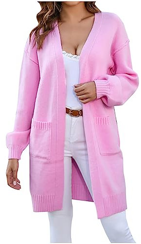 AMhomely Pullover Cardigan für Damen, lang, weich, gestrickt, Strickjacken, Pullover, Ripper Trim, Strickmäntel, vorne offen, kariert, Strickpullover, Jacke, Outwear mit Tasche, ohne Knopf, lässig,