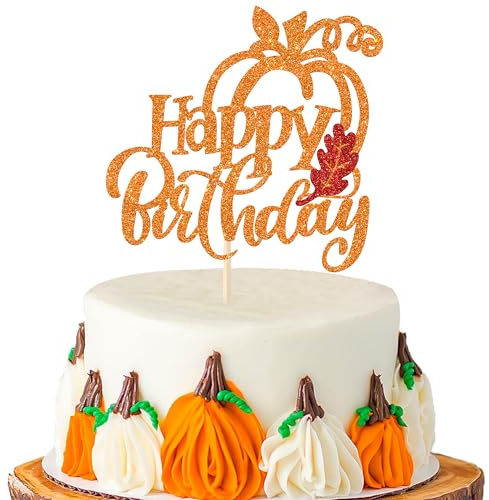 Xsstarmi 1 Pack Pumpkin Happy Birthday Cake Topper Glitter Orange Autumn Fall Maple Leaves Pumpkin Cake Pick Decoration for Baby Shower Kids Happty Birthday Party Cake Decorations Supplies