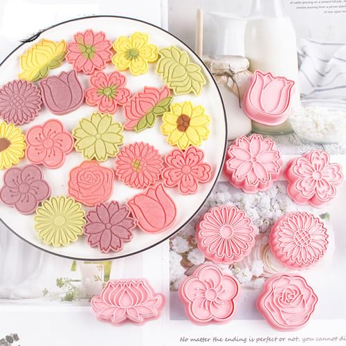 8X Flowers Cookie Pressing Cutter Embossing Mold, Lotus, Tulip, Plum Blossom, Sakura, Sunflower, Rose, Daisy Cookies Biscuit Stamps Fondant Press Cutters Mould Clay DIY Baking Tool Cake Pastry Decor