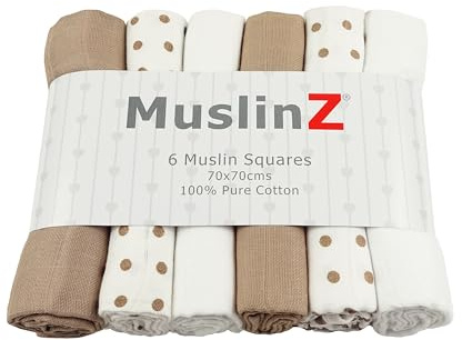 MuslinZ - Confezione da 6 panni quadrati in mussola, 70 x 70 cm, perfetti per neonati, multiuso, Oeko-Tex Standard 100, marchio britannico, colore tortora, confezione da 6