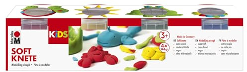 Marabu 0312000000003 - Kids Soft Knete, 4 x 140 g Kinderknete in Gelb, Rot, Grün, Blau, Knetmasse für Kinder ab 3 Jahre, vegan, eiweiß-, erdnuss- und laktosefrei