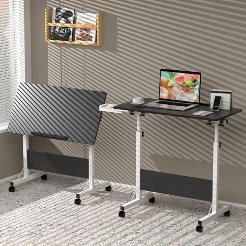 Höhenverstellbarer Schreibtisch 80x40x65-88cm Klapptisch für Büro Schwarz | Eingebaute iPad-Ständerut, Verstellbare Rollen, Verstärkter kaltgewalzter Stahl, Wasserfest kratzfest Holz der Klasse E1