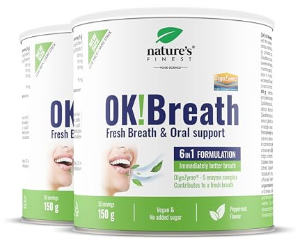 Nature's Finest OK!Breath, Trinkpulver 300 g (2er Pack) | 6-in-1 mit Thymian, DigeZyme Enzymen, Ginseng, Ingwer, Calcium & Vitamin C - Zitrone-Minze-Geschmack