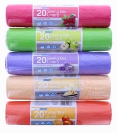 20 x je Packung duftende, extra starke Schwing-Müllbeutel mit Griffen zum Binden, mehrfarbig, 50 Liter – Zuhause, Büro, Küche, Bad (100 Beutel)