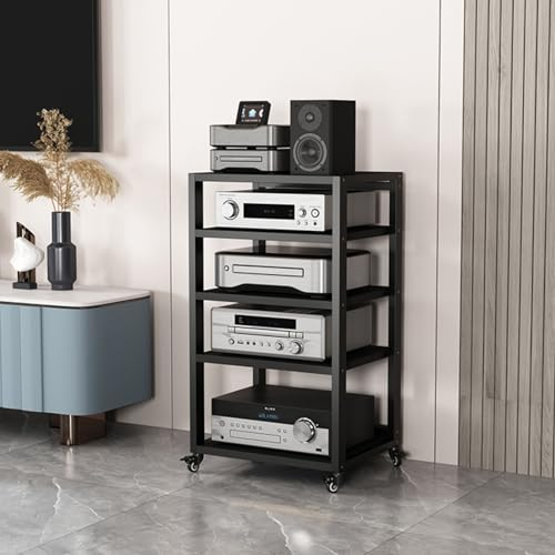 YVYKFZD Beweglicher Audio Rack HiFi Regal, offener HiFi Rack Komponentenschrank, tragbarer Phonoschrank, Record Player Stand aus Holz, Multifunktions-Medienspeicherschrank(Size:Black 5 Tier-21.6X19.6