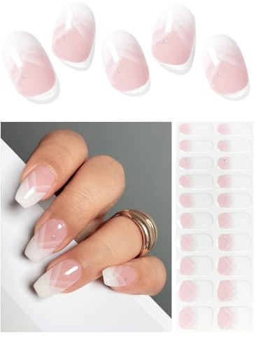 AutyaMee Semi Cured Gel Nail Strips (Elegant French), 20 Pcs Gel Nail Stickers, Wraps, Salon Quality, Long Lasting, Works with Any UV Lamps
