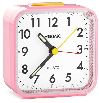 Hermic Wecker Analog Ohne Ticken, Licht, Batteriebetrieben, Lauter Alarm, Schlummerfunktion, Geräuschlos, Leuchtziffern, Tragbar, Leise, Klein, Reisewecker für Tiefschläfer Rosa