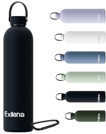 Exllena Borraccia Termica 750 ml con Maniglia e Moschettone - Bottiglia Termica 750ml Mantenere Calore/Freddo - Senza BPA - 100% A Tenuta Stagna per Escursioni, Campeggio, Viaggi...(Nero)