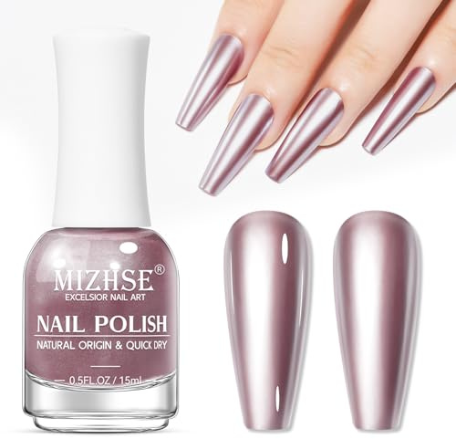 MIZHSE Metallic Nail Polish Quick Dry Chrome Nails Varnish Pink Non Gel