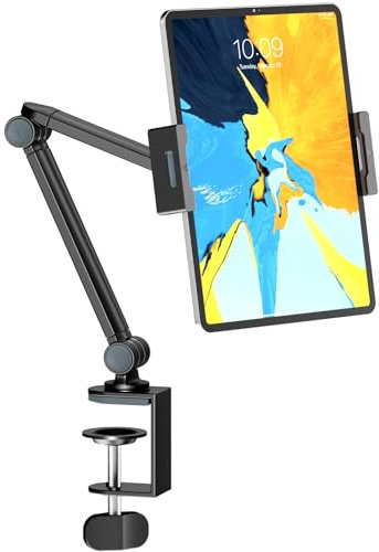Tablet Halterung, 360° Verstellbarer Halter mit flexiblem doppelachsigem Arm, Höhenverstellbarer Ständer, kompatibel mit iPad, Galaxy Tab, Kindle und alle Geräte von 4.7 - 12.9, Schwarz