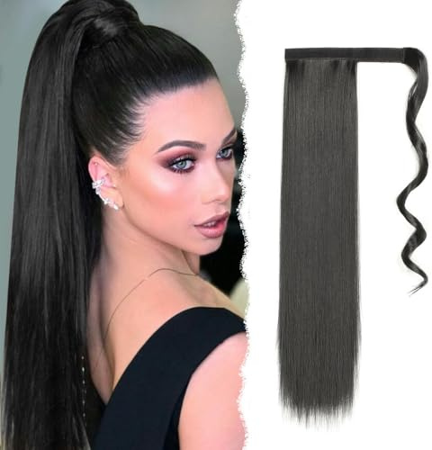 GIDWRIY 55 cm glatte Haarverlängerung für Pferdeschwanz, einzelne Haarteile, Echthaar, lange Clip-Extensions, Schwarz