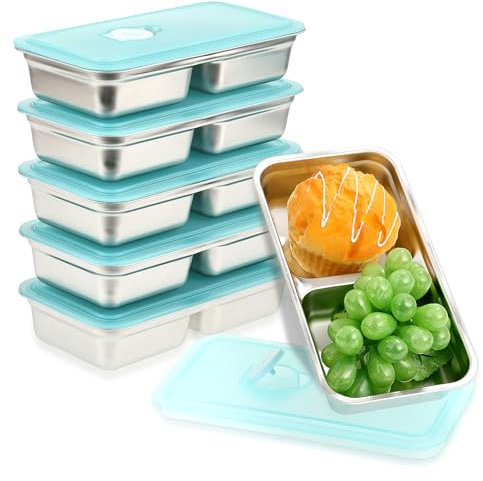 6 scatole bento in acciaio inox 304, 850,5 g, 2 scomparti, contenitori per alimenti con coperchi a tenuta stagna, contenitori per alimenti divisi per preparare i pasti e il pranzo, lavabili in