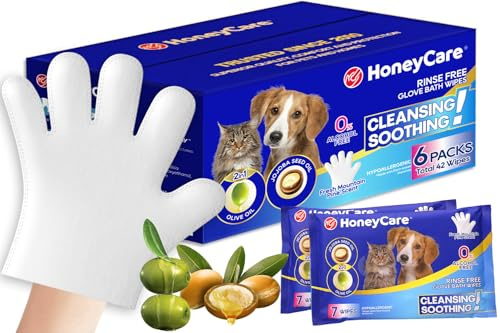 HONEY CARE All-Absorb Disposable Pet Grooming Gloves Wipes for Dogs & Cats Fur Deodorizing & Cleaning (7 Gloves/Pack, 6 Packs, 42 Wipes Total)