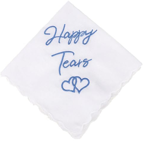 Luxurious Wedding Day Handkerchief - Embroidered White Cotton with Lace Edges, Something Blue Gift for Bride,for Mother and Father of the Bride, Sentimental Keepsake for Happy Tears - 30x30 cm