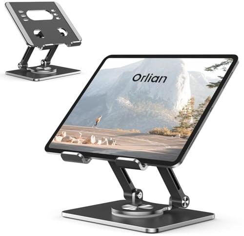 Orlian Tablet Stand Holder with Thickened 360°Rotating Base Dual Rod Adjustable Aluminum Stand for All 5.8-12.9” iPad Samsung Phone Tablet Kindle E-Reader and More, Black