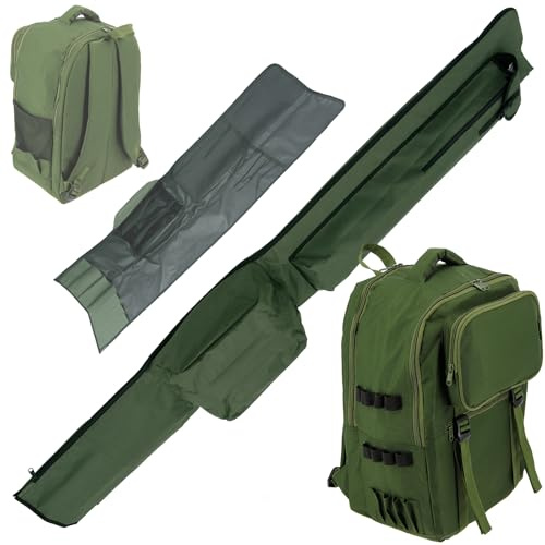 Fishing Backpack & 6 Rod Holdall Set - Waterproof Rucksack with Storage Pockets Heavy Duty & Carp Rod Bag for 12ft Rods – Ideal for Carp, Coarse & Match Fishing Tackle