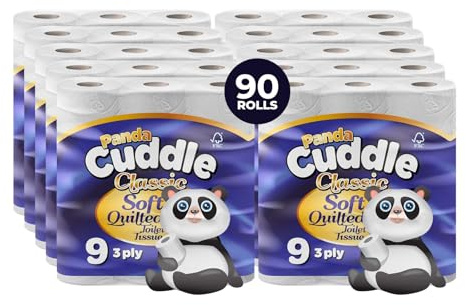 Panda Cuddle 3‑Ply Quilted Toilet Paper – Ultra Soft & Gentle Bulk Loo Rolls, Mega Value Pack of 90 Rolls, Sustainable Gentle Bathroom Tissue & Unscented- 90 Pack Bulk Bathroom Tissue