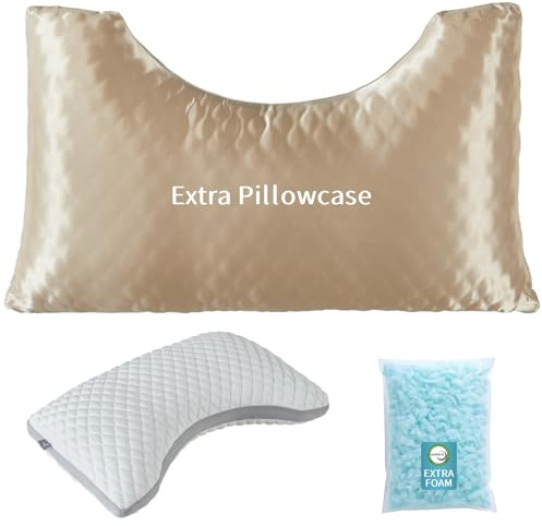 LOFE Side Sleeper Pillows for Adults - Curved Pillow with 3 Compartments for Neck Pain Relief, Adjustable Crescent Pillow Side Sleeper with Extra Shredded Memory Foam Bag and 2 Pillowcases, 19 * 29in