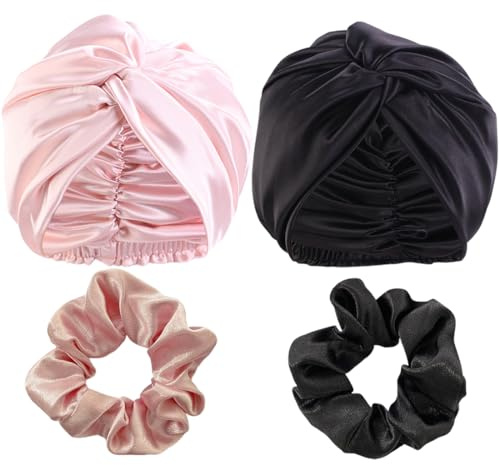 WIRZUL 2 Seidenhaube zum Schlafen für gesunde Haare über Nacht, Rosa/Schwarz, mit 2 Haargummi, Erhält Lockenform, Atmungsaktiver Silk Bonnet zum Haarpflege, rutschfest Silk Bonnet für Damen