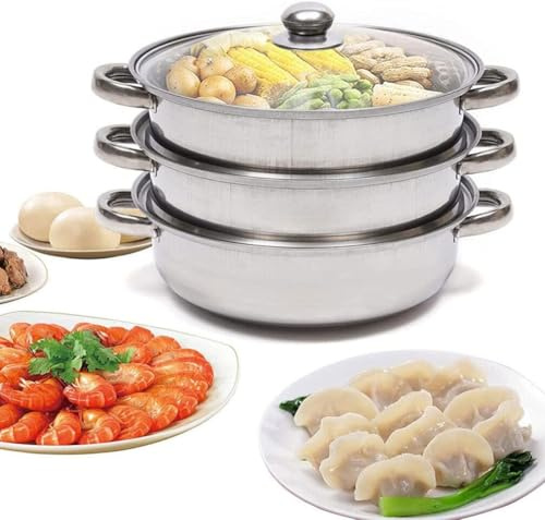 Stainless Steel 3 Tier Stackable Pan Steamer Pot Set,28cm Boiler Cookware With Glass Cover,Large-Capacity Multi-Layer Steamer For Induction Cooker Gas Stove Cookware (28cm)