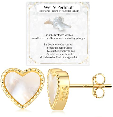 JANDY SHINE Herz Weiße Perlmutt Ohrringe für Damen 925 Sterling Silber Hypoallergene Natürlicher Edelstein Ohrstecker (Gold)