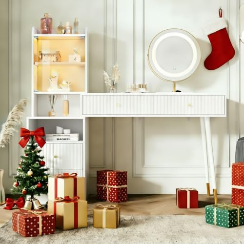 YuQozii Juego de tocador con espejo LED tricolor, cuatro cajones, 1 armario iluminado con puerta de cristal, 1 compartimento de almacenamiento abierto, color blanco, tamaño: 100 x 40 x 125 cm (sin