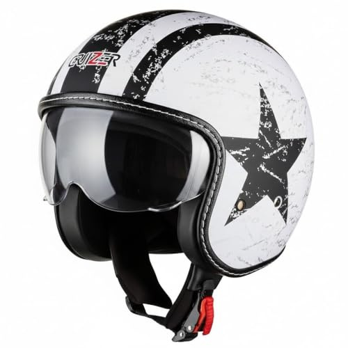 CRUIZER Casco moto Jet Custom Scooter Omologato Bianco Stella visiera a scomparsa (M)