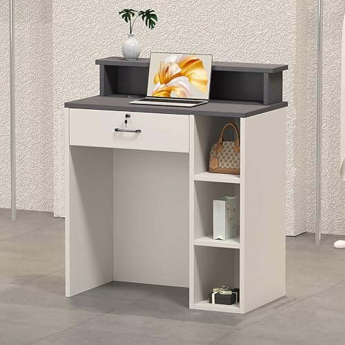 TRAGLO Empfangstresen, 60/80/100 cm, Kleiner Kassentisch aus Holz mit abschließbarer Schublade für Kasse, Empfangsbereich, Salon(White+Gray,80cm)