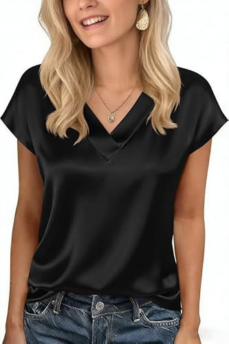 Xiaoliny Camicia Donna Elegante Blusa in Raso di Seta Casual T-Shirt Maniche Corte con Scollo a V Camicetta Satin Basic Top Estivo Larghe Maglia Semplice Chic Maglietta per Tempo Libero Festa Ufficio