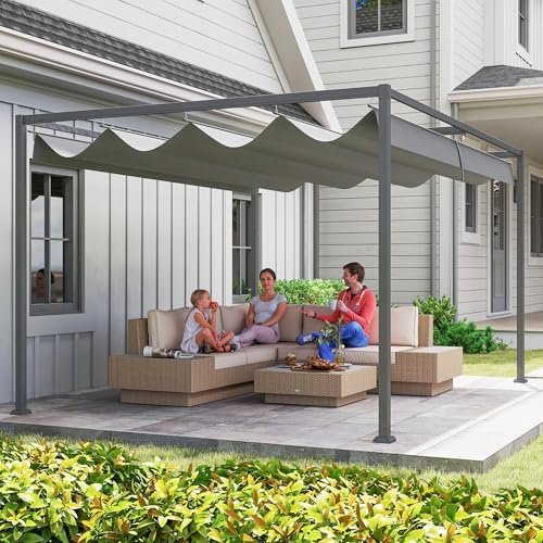 HOMELEN Pergola 400x300 cm – Robuste Metall-Kunststoff-Pergola mit verstellbarem Laufschienensystem, UV- & wasserabweisendem Polyesterdach, dunkelgrau, für Garten, Balkon & Terrasse