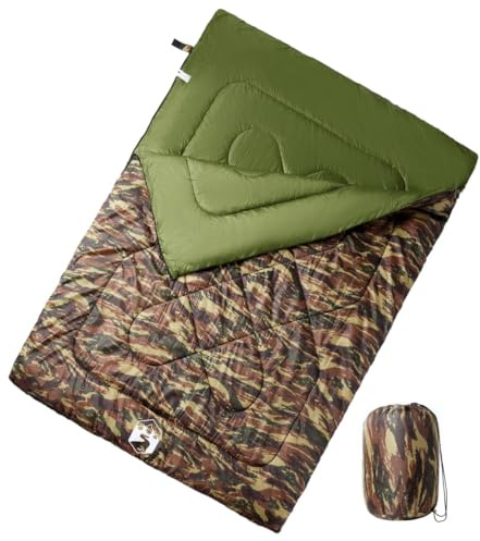 Teenpull Doppelschlafsack mit Kissen für Erwachsene, 220x150 cm, 3-4 Jahreszeiten, wasserabweisend, mit Kapuze, Reißverschluss, Packsack, ideal fürs Camping, Wandern, Trekking, Outdoor und Reise