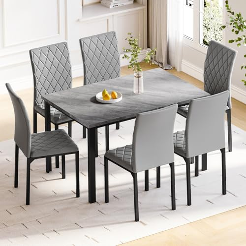 Hello-5ive Dining Table and Chairs Set 6, 120cm Faux Marble Dining Table with 6 Grey Upholstered PU Leather Chairs, Modern Kitchen Dining Room Furniture Set