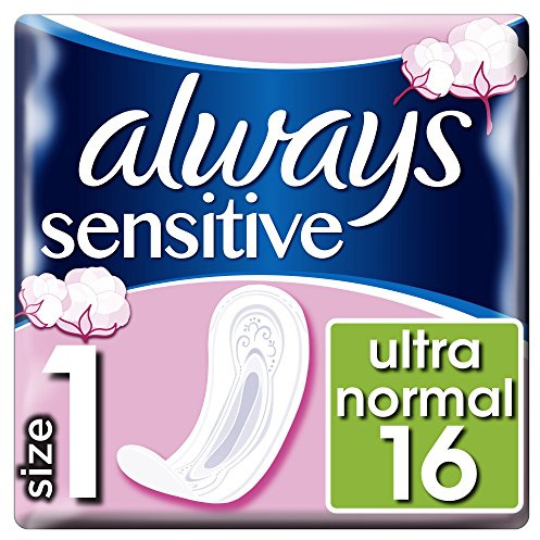 Always Toallas sanitarias normales sensibles sin alas, tamaño 1, 16 almohadillas