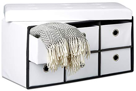 Relaxdays faltbare Sitzbank mit Stauraum in 6 entnehmbaren Fächern HBT: 38 x 76 x 38 cm Sitztruhe aus Kunstleder zum Falten mit Aufbewahrung Ottomane mit entnehmbaren Körben Sitzhocker, weiß