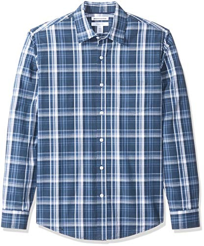 Amazon Essentials Camicia in Popeline a Maniche Lunghe Slim Uomo, Blu Marino Motivo Quadri Medi, L