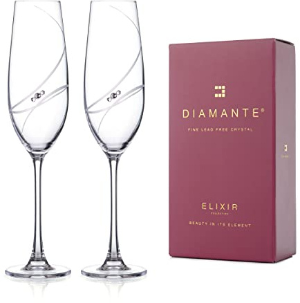 DIAMANTE Champagne Flutes Prosecco Glasses Pair with 'Allure' Hand Cut Design Featuring Crystals - Set of 2 in Gift Box