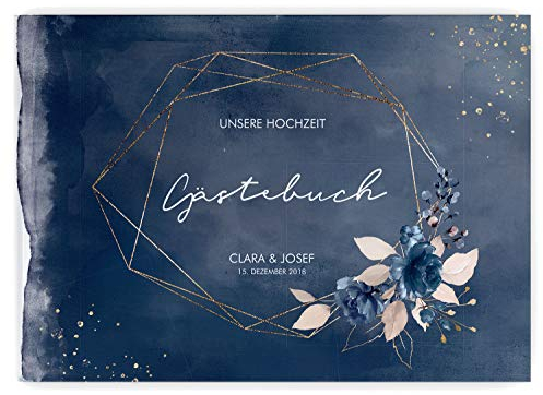 DeinWeddingshop Gästebuch zur Hochzeits - PERSONALISIERT mit Namen & Datum - Hardcover Buch, 104 Seiten, DIN A4 quer | Hochzeitsgästebuch (Inhalt weiße Seiten - blanko, Watercolor Breeze Blau)