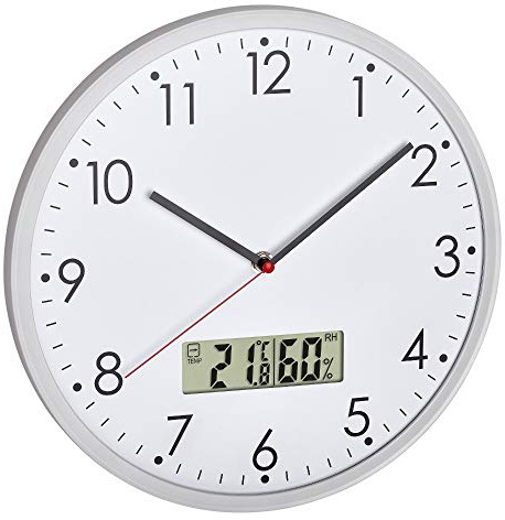 TFA Dostmann Analoge Wanduhr mit digitalem Thermometer und Hygrometer, zur Raumklimakontrolle, Glas, Weiß, Ø 302 x H 47 mm (Weiss mit Batterien)